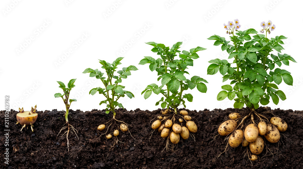 Obraz premium potato plant growth stage, growing process, timeline from seed to big mature plant, growing life cycle in soil of farm, white background, copy space