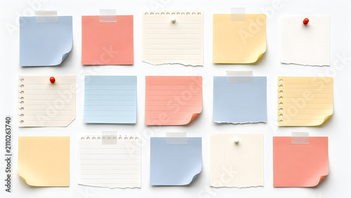 Colorful sticky notes and torn paper scraps collection, pastel memo pads with adhesive tape and push pins, office reminder note templates isolated on White Background ai