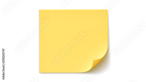 Yellow sticky note with curled corner, blank adhesive paper memo for office reminders, square post note pad sheet for business planning isolated on White Background ai