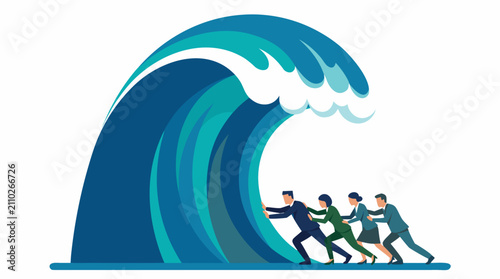 Vector illustration of business people pushing against a massive blue tsunami wave. Team bracing for impact, symbolizing resilience, teamwork, and overcoming economic challenges in flat style.