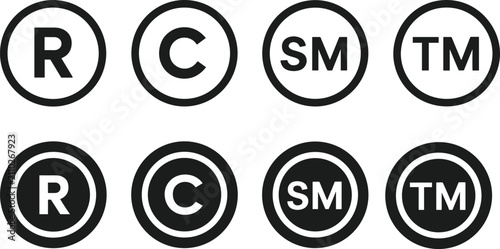 Obraz na plátně Eight black and white trademark and copyright symbol icons registered service ma