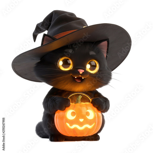 Cute 3D Black Cat Witch Holding Glowing Jack-o'-Lantern Pumpkin for Halloween