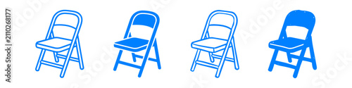 Vector set of blue folding chair icons in different styles, isolated on white background. Minimalist furniture illustration for events, seating arrangements, and party planning graphic designs.