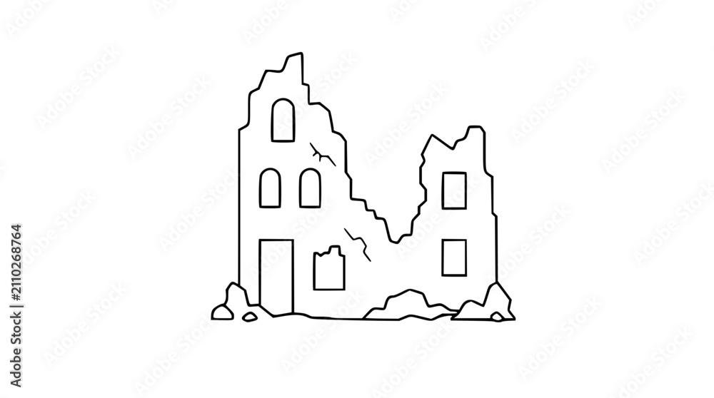 Fototapeta premium Hand-drawn vector illustration of crumbling abandoned ruins with broken windows and architectural details. Minimalist line-art icon depicting deteriorated building structure for design and historical