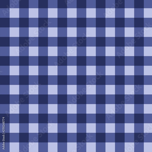 Seamless classic gingham check pattern in deep navy blue, medium blue and soft pale blue. Timeless, elegant design perfect for textiles, menswear, decor and all-purpose backgrounds.