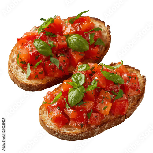 Two pieces of traditional italian bruschetta topped with diced tomatoes fresh basil leaves and olive oil drizzle isolated on a transparent background