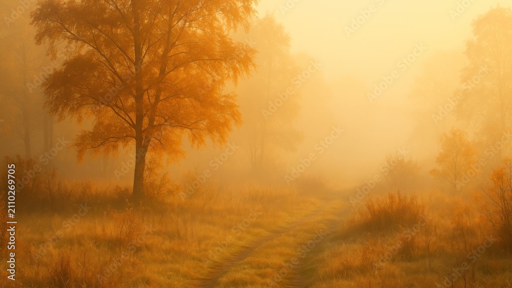 Fototapeta premium Misty autumn path through forest desktop wallpaper