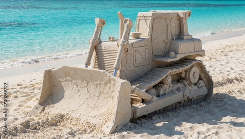 Sand sculpture bulldozer sandy beach made light-colored positioned center has large bucket attached front whic