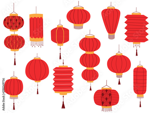 Set of red Chinese lanterns isolated on white background. Traditional chinese lanterns are suitable for design of the Asian New Year, Mid autumn festival, other holidays