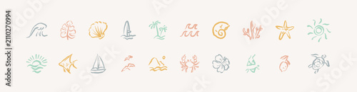 Summer handwriting crayon doodle boho icons set. Minimalist aesthetic pastel drawing. Sun beam, coconut palm tree, crab, fish, sea shell summer beach design elements. Abstract kid pencil  scribble