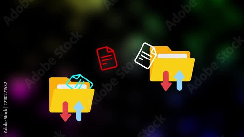 Seamless animated file transfer, Digital file transfer concept with yellow folders and flying documents background