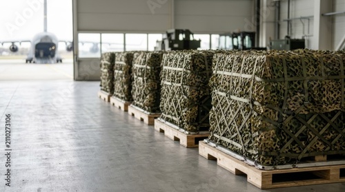 Military cargo pallets wrapped in camouflage netting lined up inside a modern hangar, with a large transport aircraft in soft bokeh background.