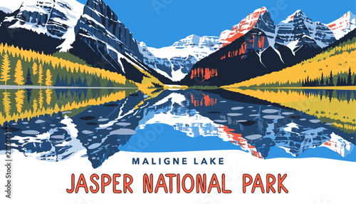 Very beautiful realistic vector illustration of MALIGNE LAKE IN AUTUMN featuring a bold travel label reading 