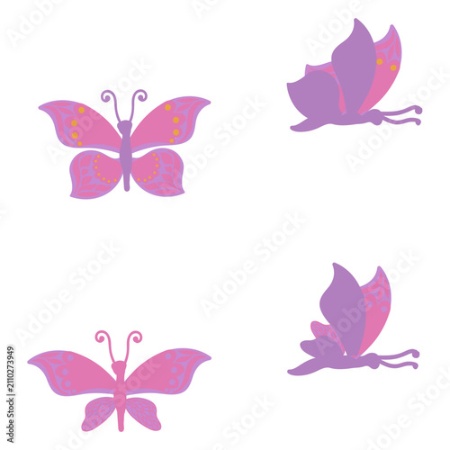 Two pink butterflies. Side and top views. Vector illustration isolated on a white background.