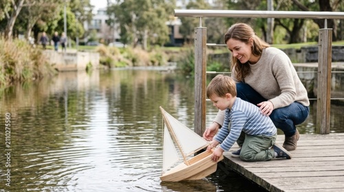 Mother and child launch wooden toy boat on calm water, fostering bonding and childhood joy by a boardwalk.