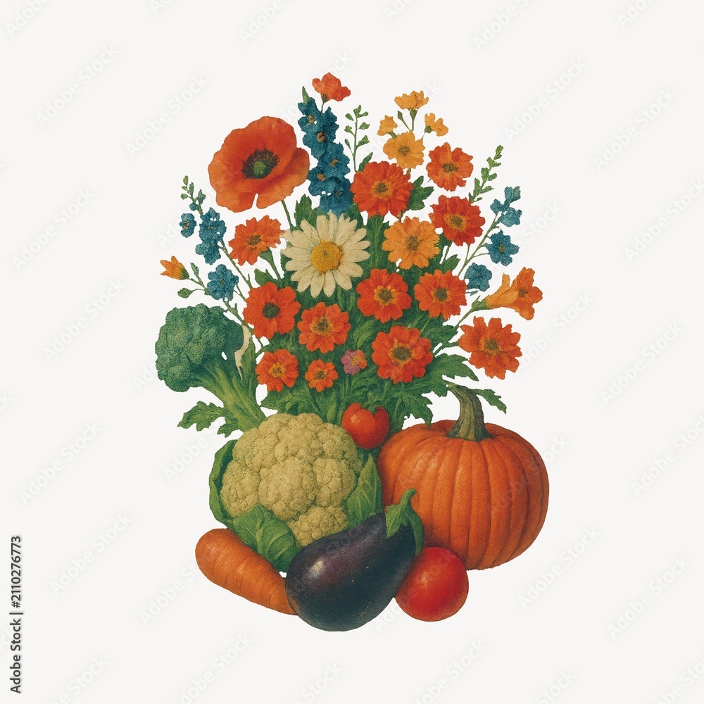 Obraz premium Vibrant floral vegetable arrangement illustration.