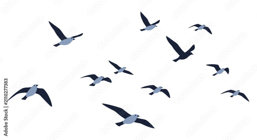 Fototapeta premium A flock of stylized birds in flight against a plain white background
