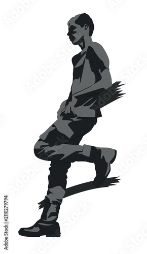 Stylized monochrome illustration of a young man standing with one leg bent, leaning against surface. Simple modern vector illustration.