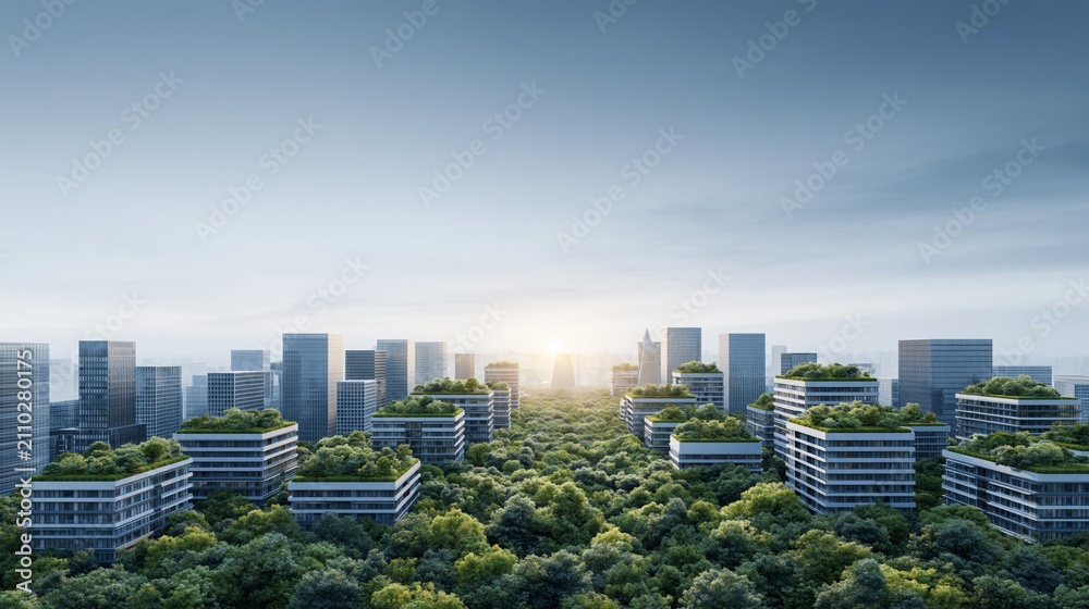 Obraz premium Green city with buildings featuring rooftop gardens and vertical forests