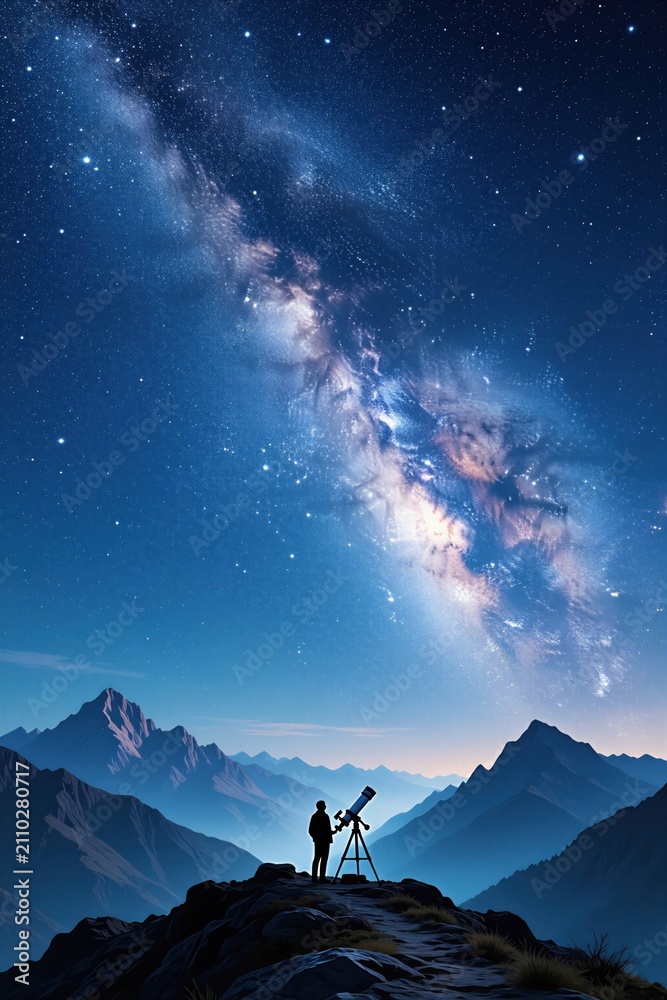 Fototapeta premium Silhouette of astronomer stands on rocky mountain peak at night. Person uses telescope to observe milky way galaxy in vast starry sky above wilderness peaks. Clear cosmos view provides serene