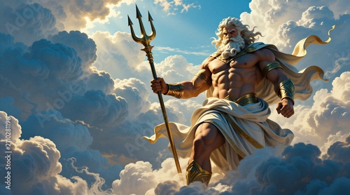 Mighty Zeus stands amid swirling clouds holding a trident. He is the god of sky and thunder from ancient Greek mythology. His divine presence commands the heavens with power and authority.