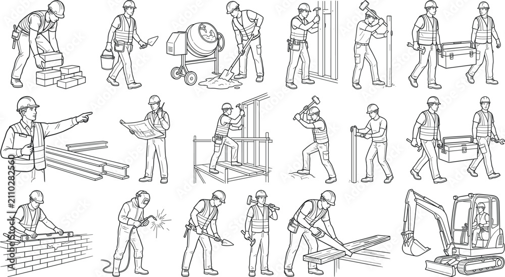 Obraz premium Construction silhouettes showing workers stacking bricks welding sawing hammering and operating heavy equipment