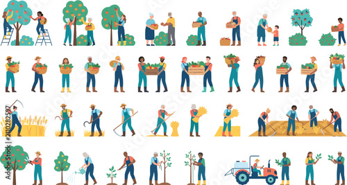 Farming silhouettes showing harvesting watering pruning planting and tractor agricultural labor activities