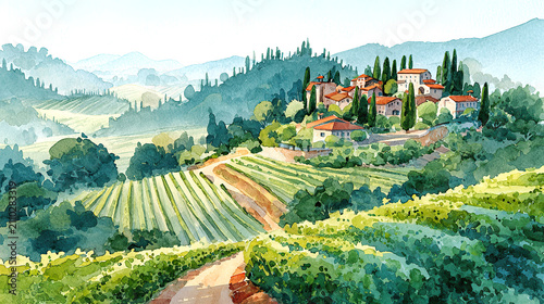 Sunlit tuscan landscape with vineyards olive trees and rustic countryside estate