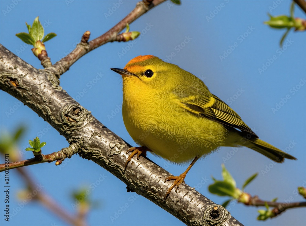 Obraz premium Small orange crowned warbler sits on tree branch. Bright yellow bird with orange head patch rests outdoors in spring season. Beautiful wild creature perches on twig against blue sky. Cute avian