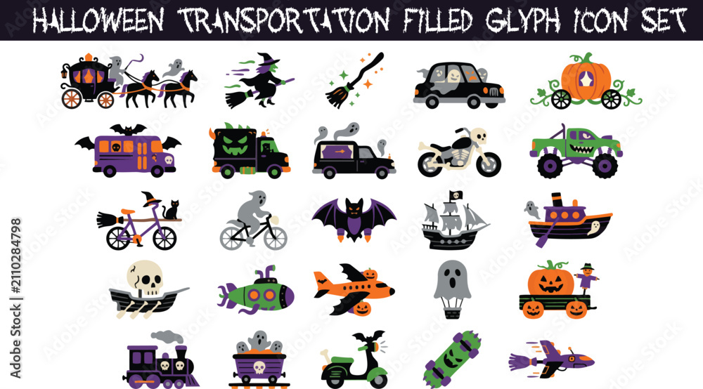 Fototapeta premium Halloween Transportation Filled Glyph Icon Set Flat Vector Collection with Witch Broom Ghost Car and Spooky Vehicles