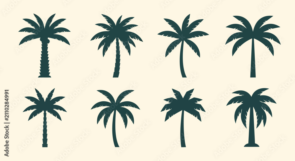 Fototapeta premium collection of eight stylized silhouette palm trees on a light background