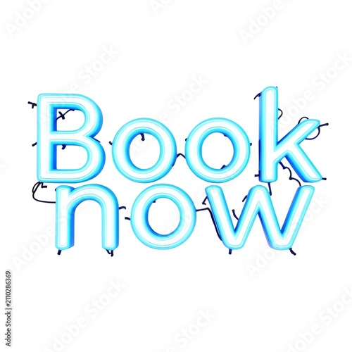 Bright Cyan Neon Light Sign Featuring the Motivational Call to Action Phrase Book Now Against a Clean White Background