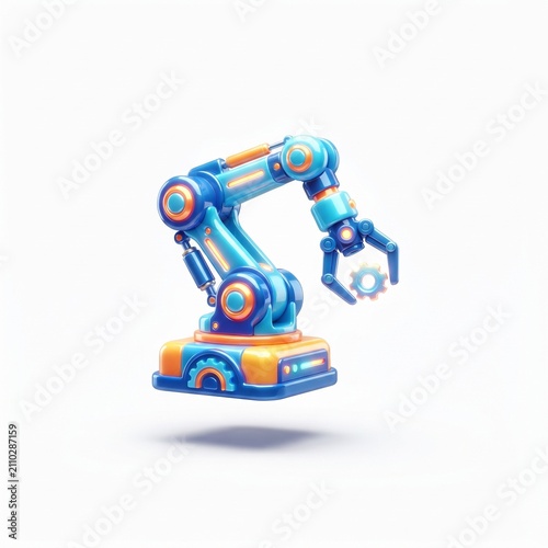 Industrial robotic arm performing automation tasks. Futuristic AI-driven RPA machine for smart manufacturing and digital workflows.