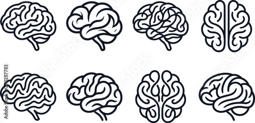 Cuadro en lienzo Minimalist human brain icon set, black line art anatomy illustrations, collectio