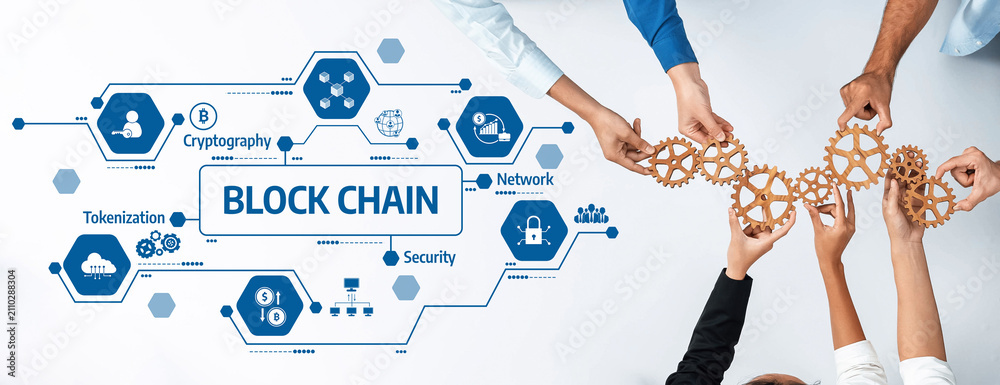 Obraz premium This image showcases hands connecting gears, symbolizing collaboration in blockchain technology, focusing on security, cryptography, and tokenization in a modern business setting. Amity