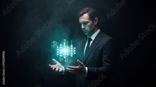 Businessman standing in a pitch-black room holding a glowing teal and white AI hologram, dramatic directional light casting realistic shadows on his face and hands, artificial intelligence and innovat