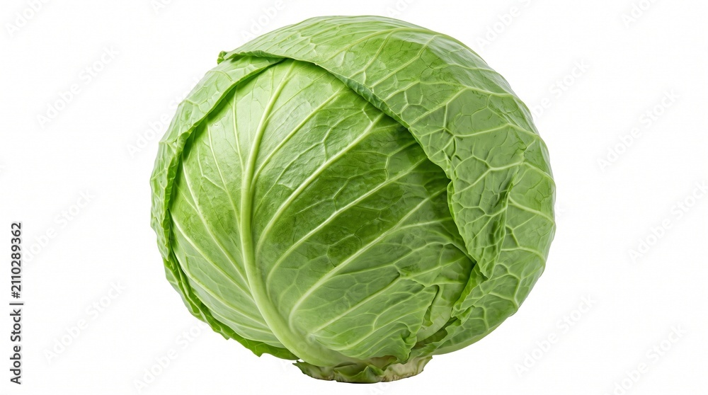 Obraz premium Fresh green cabbage head displaying crisp leaves and organic texture isolated on white background with veins isolated clean detailed leaf veins