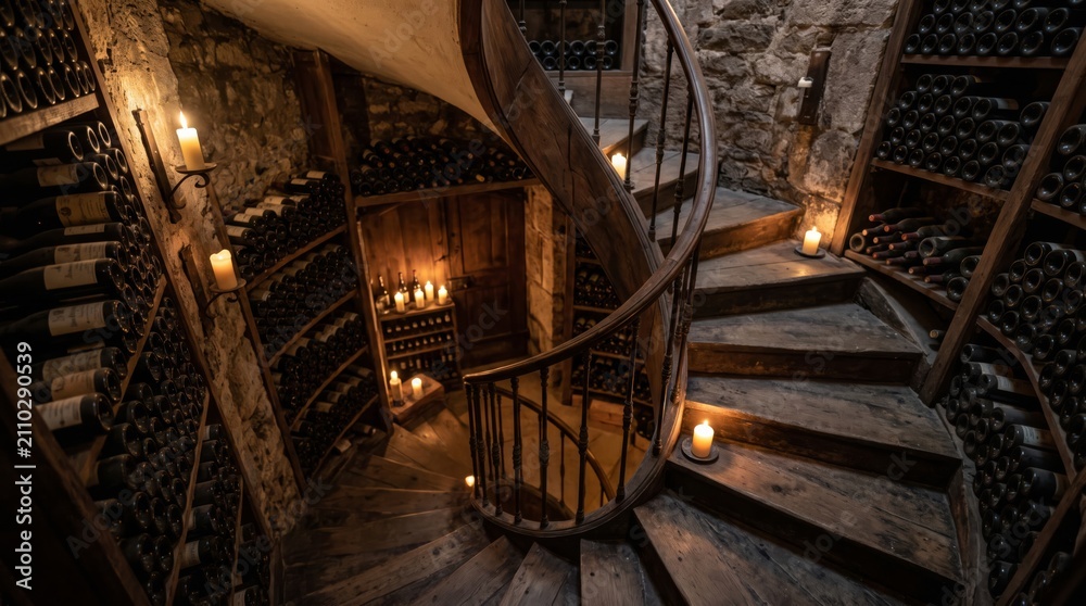 Fototapeta premium Spiral staircase leading down into a wine cellar with wooden steps, stone walls, and shelves filled with wine bottles illuminated by candlelight