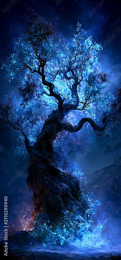 Obraz premium Fantasy magic tree glowing under dark starry night. Magic tree glowing luminous blue light in a mystical dark fantasy night landscape