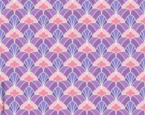 Floral art deco geometric seamless texture. Abstract curved vector pattern.