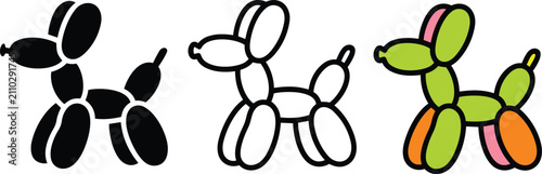 Balloon dog animal icons featuring silhouette, linear, and colorful cartoon variations and toy green and party in outline style