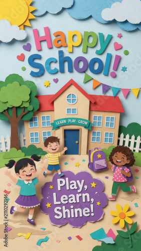 Whimsical layered paper cutout illustration of happy children playing at a colorful playful school