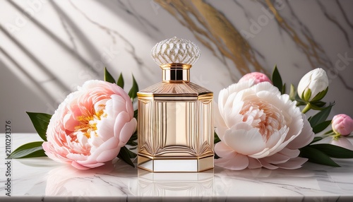 Elegant Crystal Perfume Bottle With Gold Accents Surrounded By Fresh Pink Peonies And White Flowers On A Marble Vanity Table