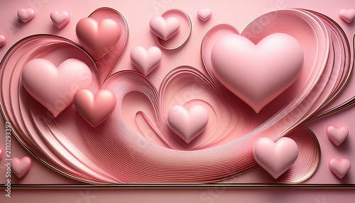 Pale Pink Hearts And Curved Metallic Lines Form A Minimalist Three Dimensional Abstract Composition Affection Amor Art Arrangement Background