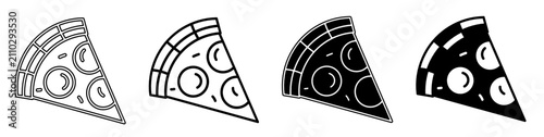 A collection of minimalist pizza icons featuring outline and solid black and white styles.