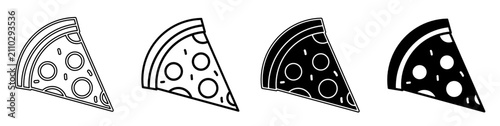 A collection of minimalist pizza icons featuring outline and solid black and white styles.