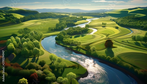Meandering River Flows Through Lush Green Landscape With Diverse Tree Cover And Fields