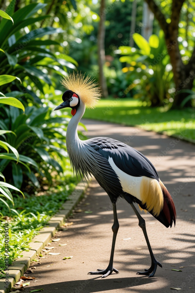 Obraz premium Grey crowned crane stands on garden path. Tropical bird with golden crest walks through rich plants in Bali park. Sunny day lights animal feathers. Beautiful exotic wildlife portrait features wild
