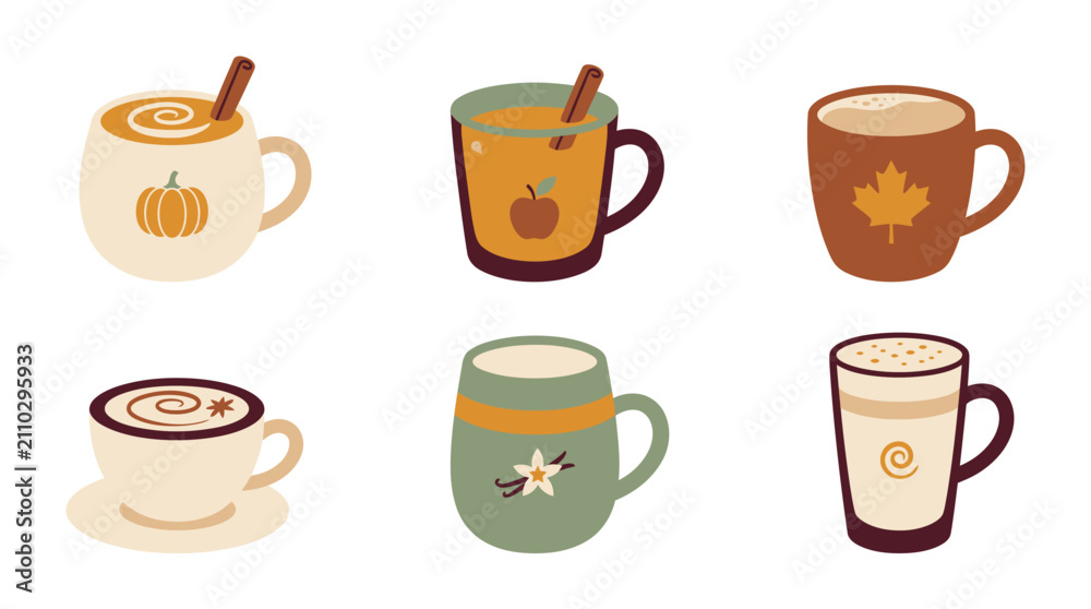 Obraz premium Cozy autumn beverage collection with pumpkin spice latte and apple cider in flat vector style.