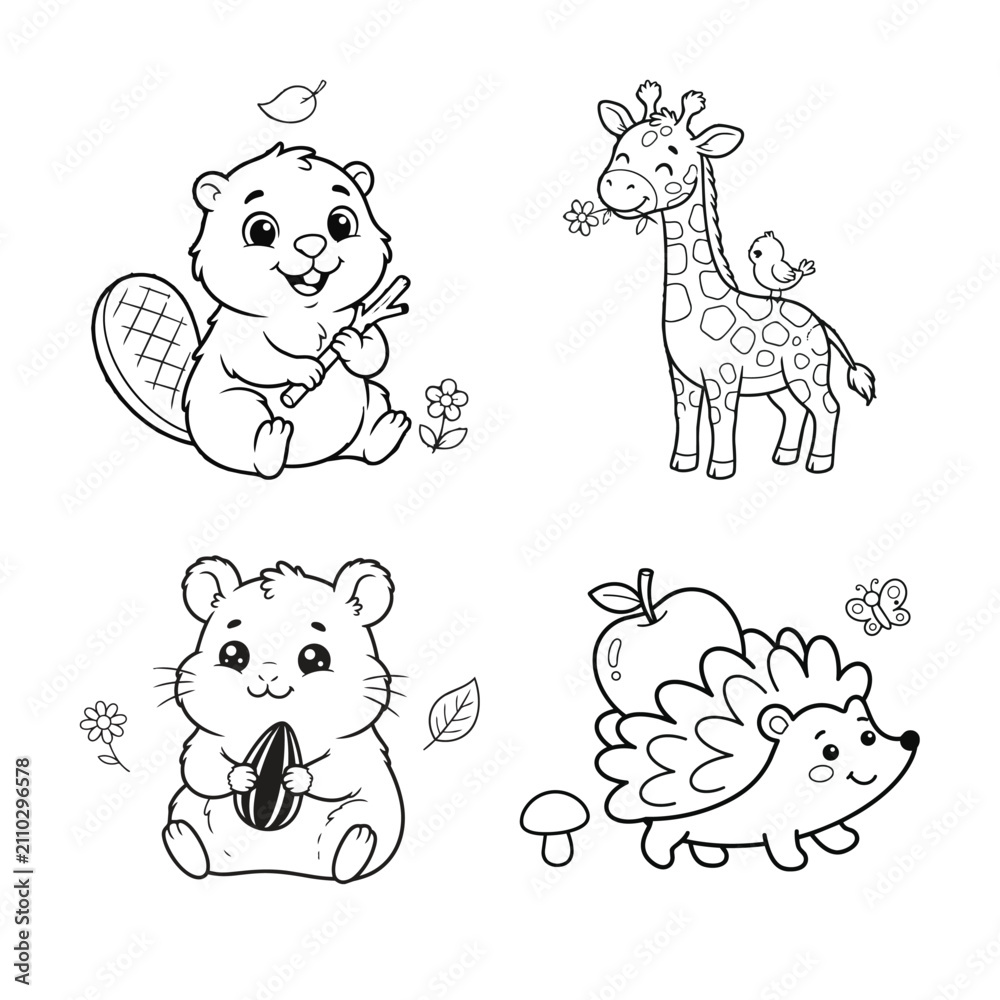Fototapeta premium Cute Woodland Animals Coloring Page Bundle for Kids, Kawaii Forest Animals Coloring Sheet Set, Printable Line Art Vector